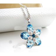 精美饰品,T9欧美施华洛世奇水晶 蓝色娇艳花朵大项链 
